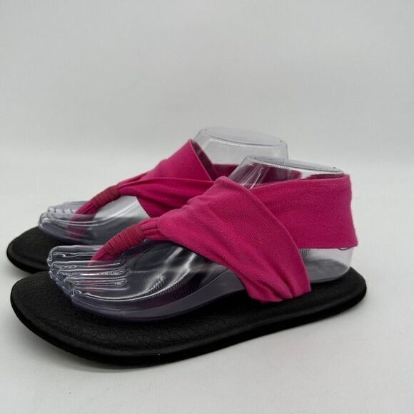 Sanuk Sandals Womens 7 Pink Black Yoga May Sling‎ Back Flats Thong Casual Ladies - Picture 1 of 9